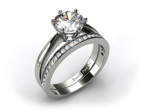 18k White Gold Six Prong Wire Basket Engagement Ring & 0.28ct Channel Set Wedding Band